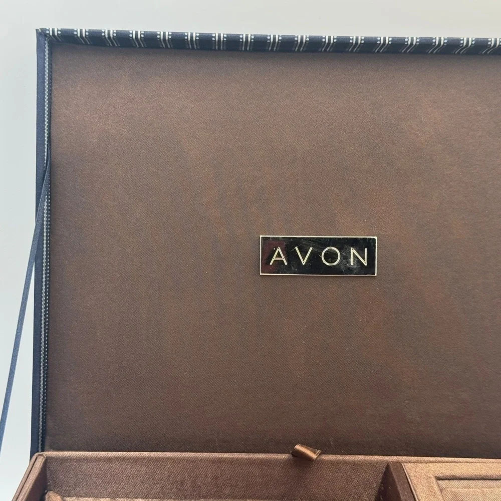 Avon Jewelry Box Navy Blue Pinstripe Brown Satin Lining Removable Tray Organizer